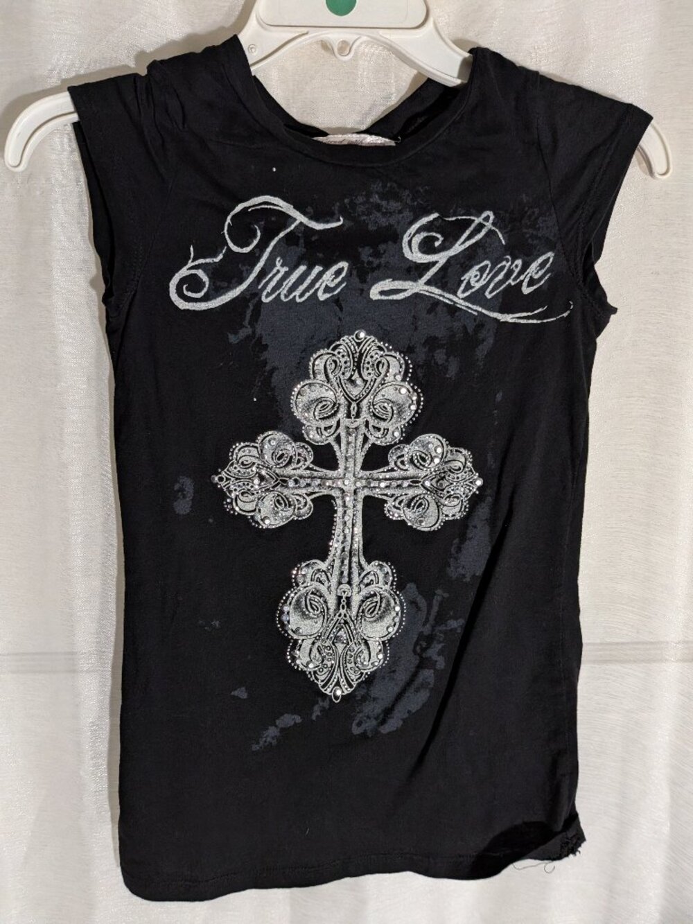 Vintage Y2K Layered with Love Rhinestone Cross Graphic Baby Tee Gothic Top S